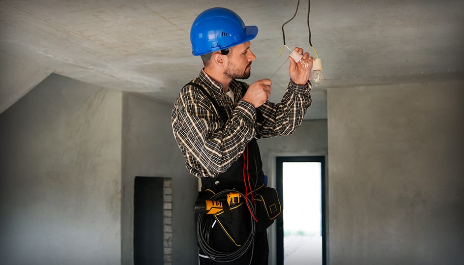 Elektricien installeert verlichting tijdens woningrenovatie. Veilige en vakkundige elektra werkzaamheden door FB Bouwdiensten.