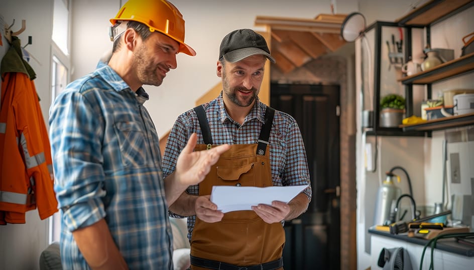 Twee vakmannen bespreken werkzaamheden in woning. Betrouwbare samenwerking en vakmanschap van FB Bouwdiensten.