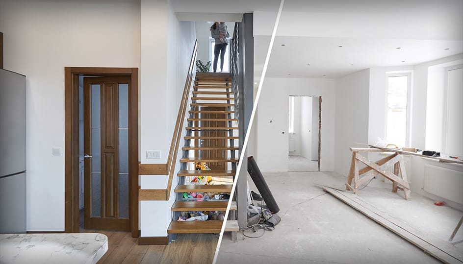 Woningrenovatie met duidelijk verschil tussen voor en na situatie. Professionele afwerking en oog voor detail door FB Bouwdiensten.