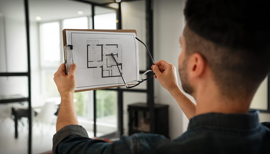 Vakman bekijkt keukenontwerp voor montage. Voorbereiding en precisie bij keukeninstallatie door FB Bouwdiensten.