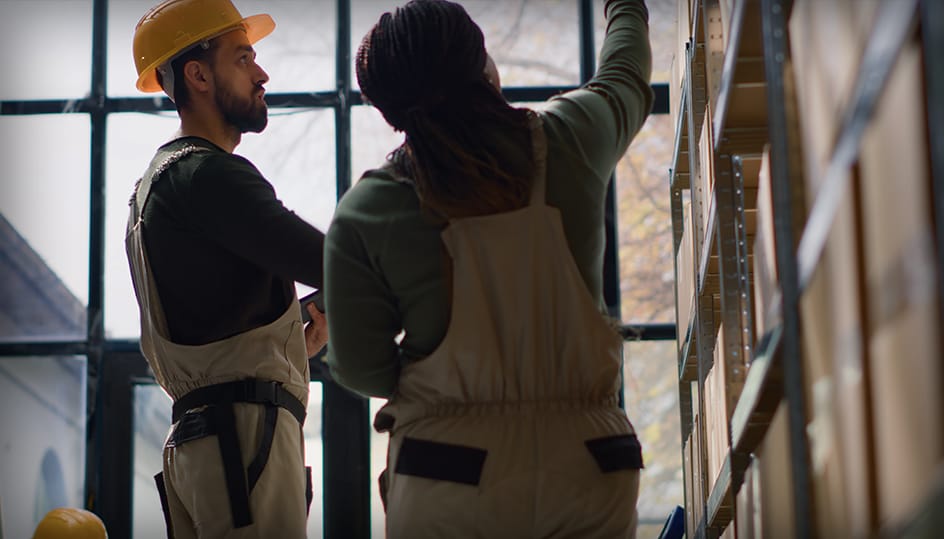 Twee vakmensen bespreken renovatieplanning in werkruimte. Professionele voorbereiding en teamwork door FB Bouwdiensten.