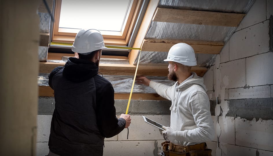 Twee vakmannen meten een raamkozijn op tijdens renovatie van een zolder. Nauwkeurig maatwerk door FB Bouwdiensten.